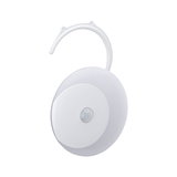 White round plastic motion sensor with hook for easy mounting and light control in home automation