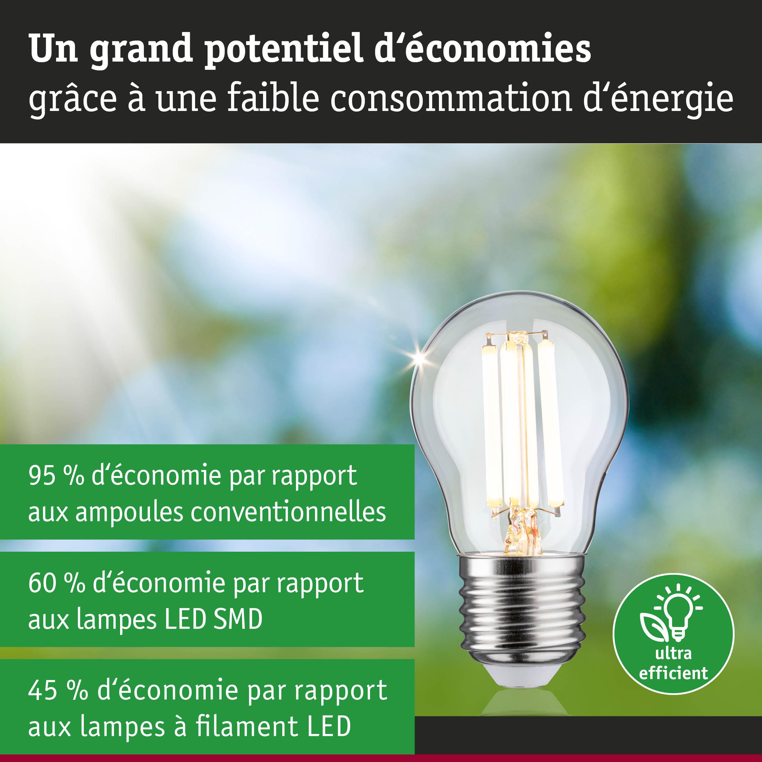 Ampoule LED à verre transparent et base métallique montrant une haute efficacité énergétique et économies d'énergie.