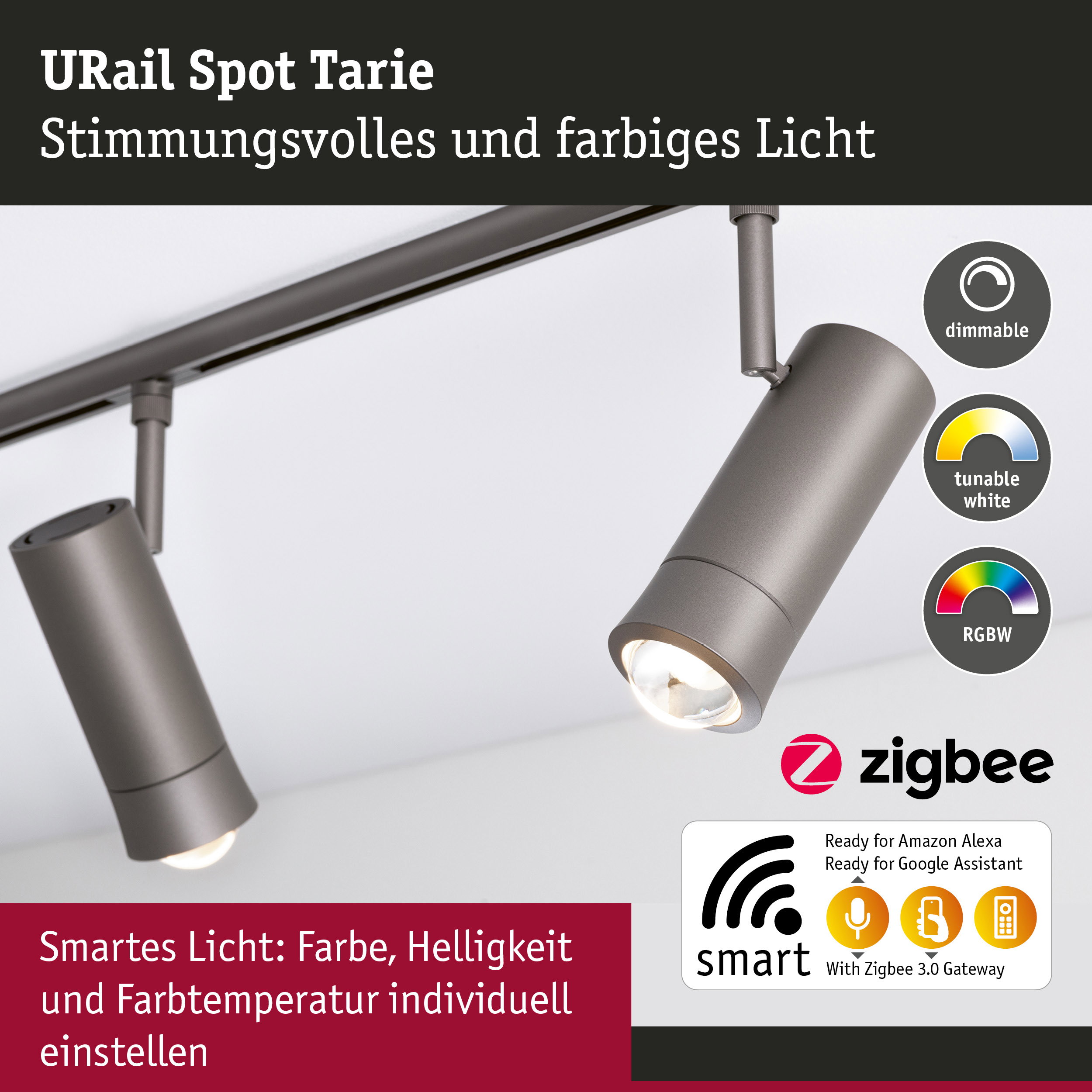 URail Spot Smart Home Zigbee 3.0 Tarie RGBW 230lm 4,5W RGBW+ dimmbar 230V Titanium