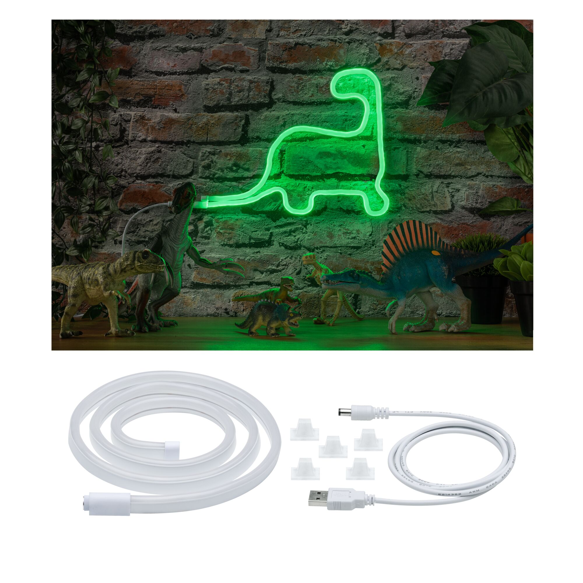 USB LED Strip Neon Colorflex Green 1m 4,5W 10lm/m 120 LEDs/m 3000K Green LED neon light shaped like a dinosaur with USB cable and clips for creative room lighting