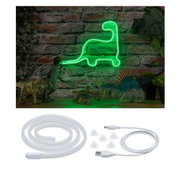 Grüne Neon-Dinosaurier-Wandbeleuchtung aus LED-Röhre vor Ziegelsteinwand mit Spielzeugdinosauriern