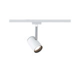 Moderner weißer LED-Strahler aus Metall an Schienensystem für flexible Raumbeleuchtung