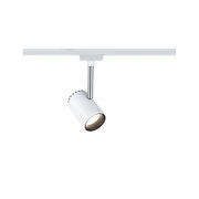 Moderner weißer LED-Strahler aus Metall an Schienensystem für flexible Raumbeleuchtung