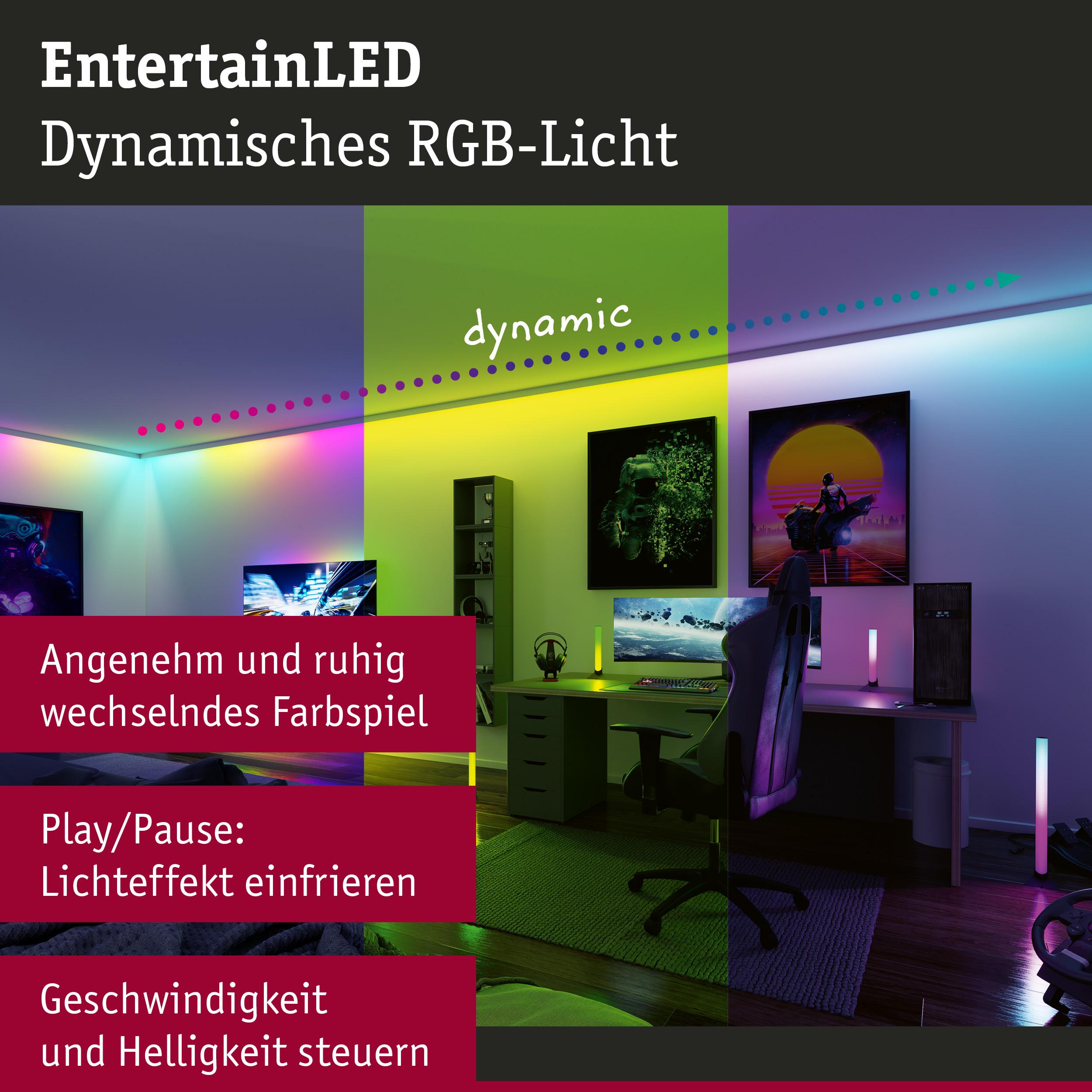Dynamisches RGB-LED-Licht mit wechselnden Farben für stimmungsvolle Raumbeleuchtung im Büro.