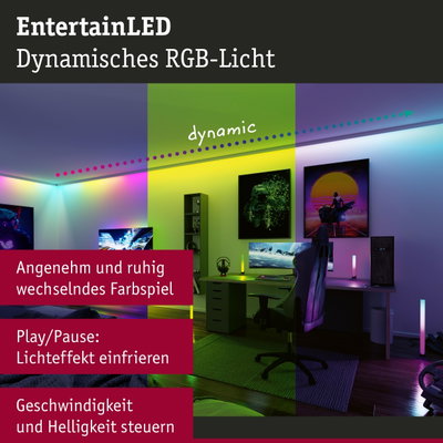 Dynamisches RGB-LED-Licht mit wechselnden Farben für stimmungsvolle Raumbeleuchtung im Büro.
