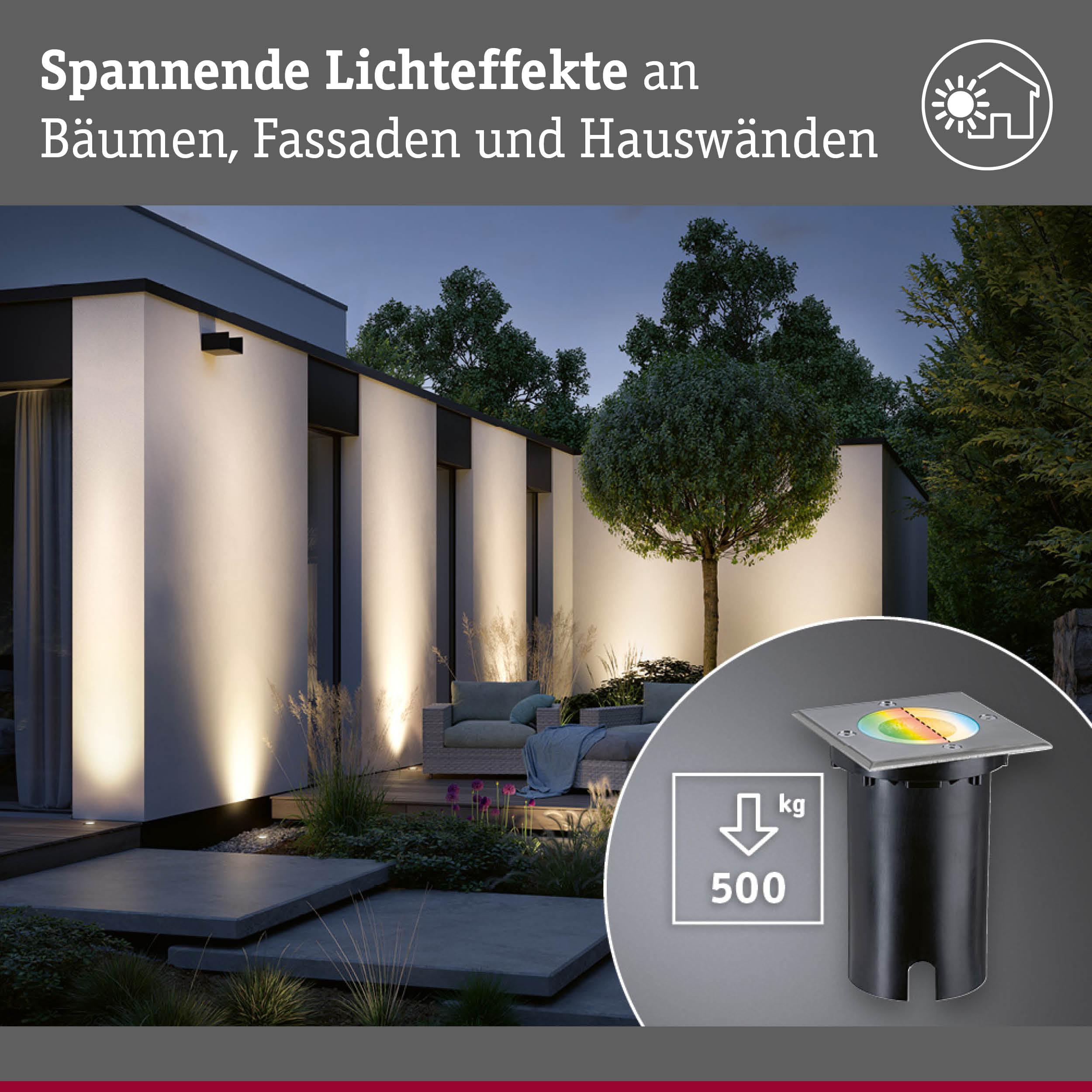 Moderne Außenbeleuchtung an Hausfassade und Baum mit LED-Lichteffekten für Garten und Terrasse