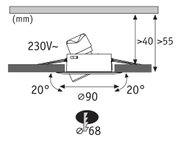 Technische Zeichnung eines Einbaustrahler mit 90 mm Durchmesser und 230V Spannung, 20 Grad Neigung