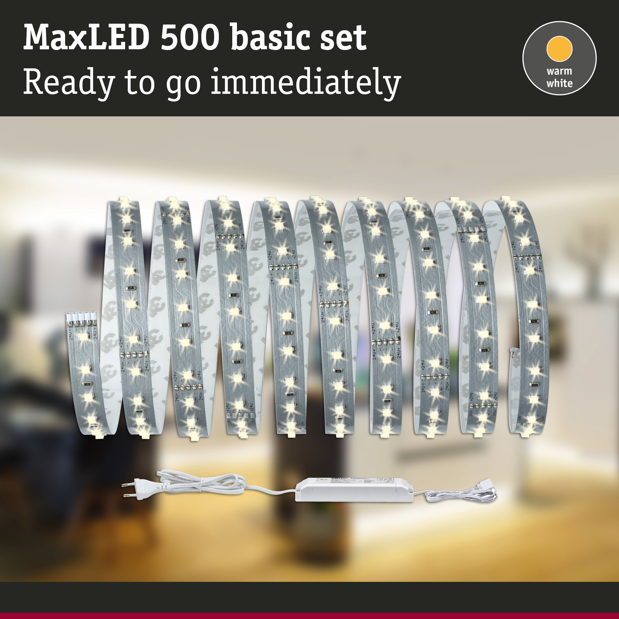 MaxLED 500 basic set with warm white LED strips and power supply ready for immediate lighting
