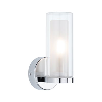 Modern wall light with clear glass cylinder and chrome metal base for stylish indoor lighting