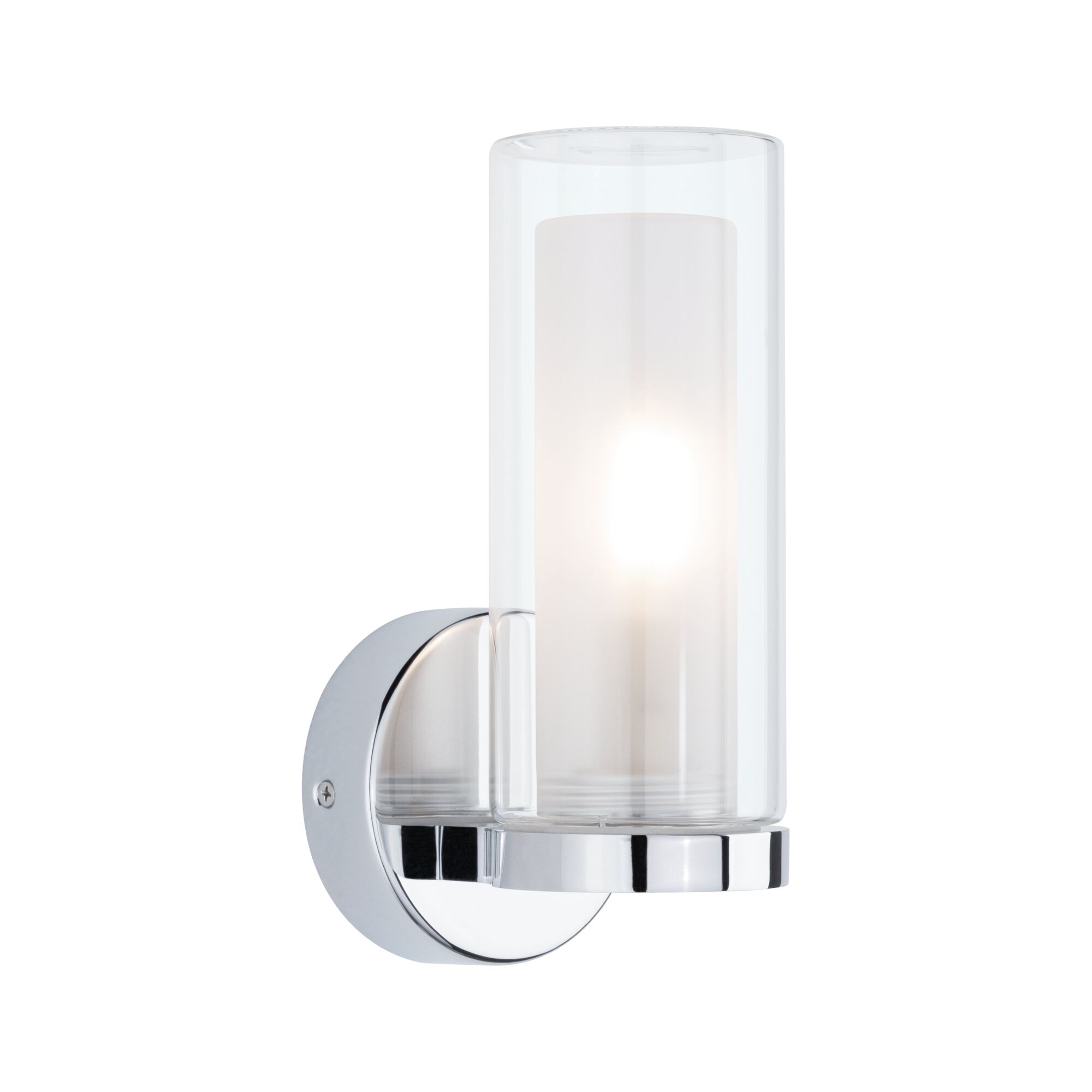 Modern wall light with clear glass cylinder and chrome metal base for stylish indoor lighting