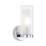 Modern wall light with clear glass cylinder and chrome metal base for stylish indoor lighting