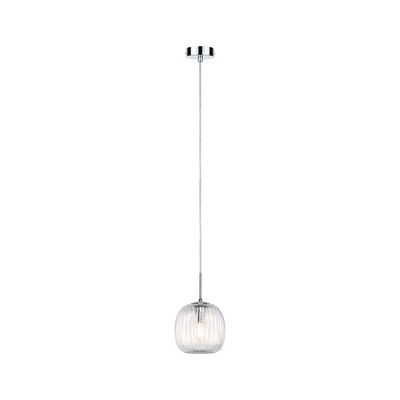 Pendant lamp with ribbed clear glass and chrome metal, modern hanging light for living spaces