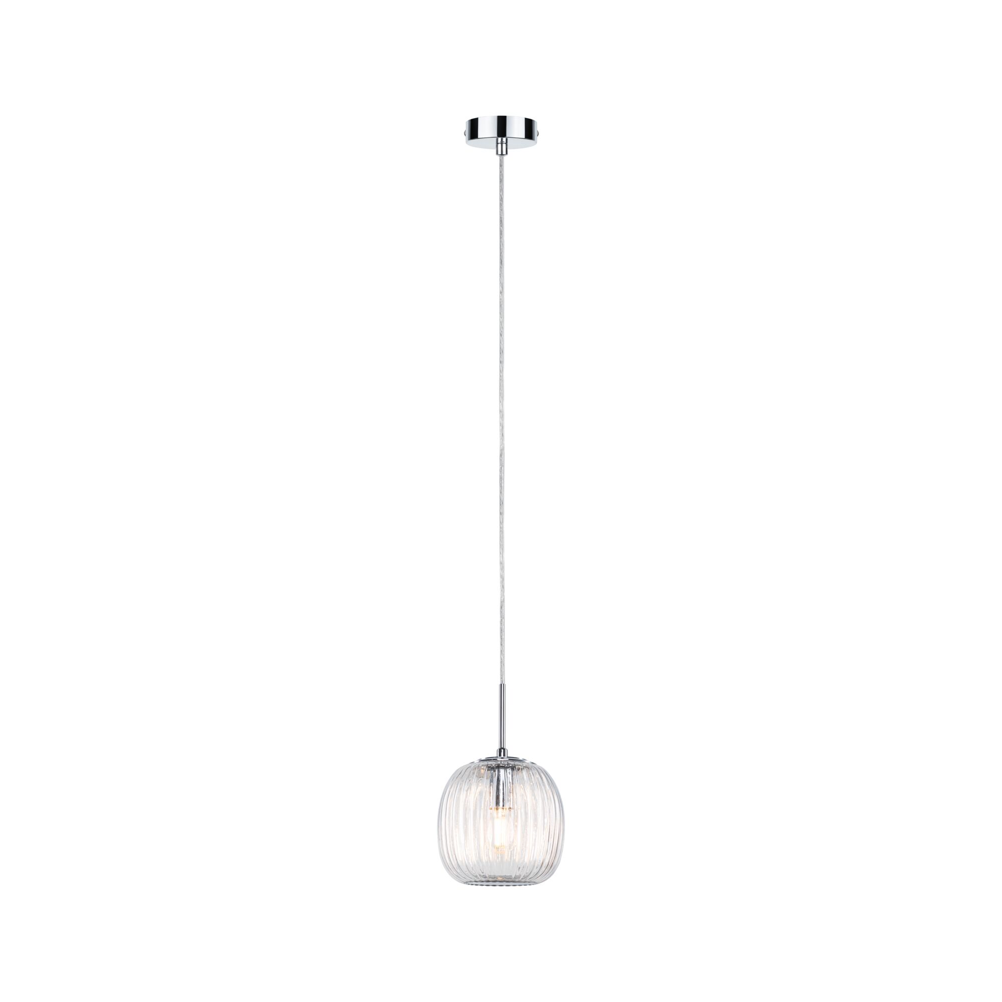 Hängelampe mit klarem geripptem Glas und verchromtem Metall, moderne Pendelleuchte für Wohnräume