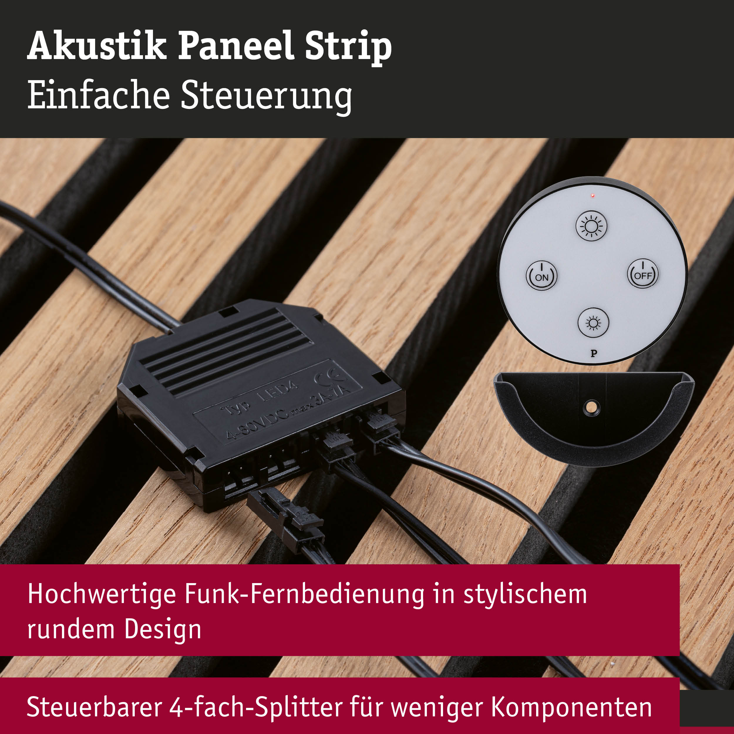 Schwarzer Funk-Fernbedienung und 4-fach-Splitter auf Holzoberfläche für Akustik Paneel Strip Steuerung