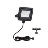 Black LED floodlight with cable and plastic T-connector for outdoor lighting and garden use