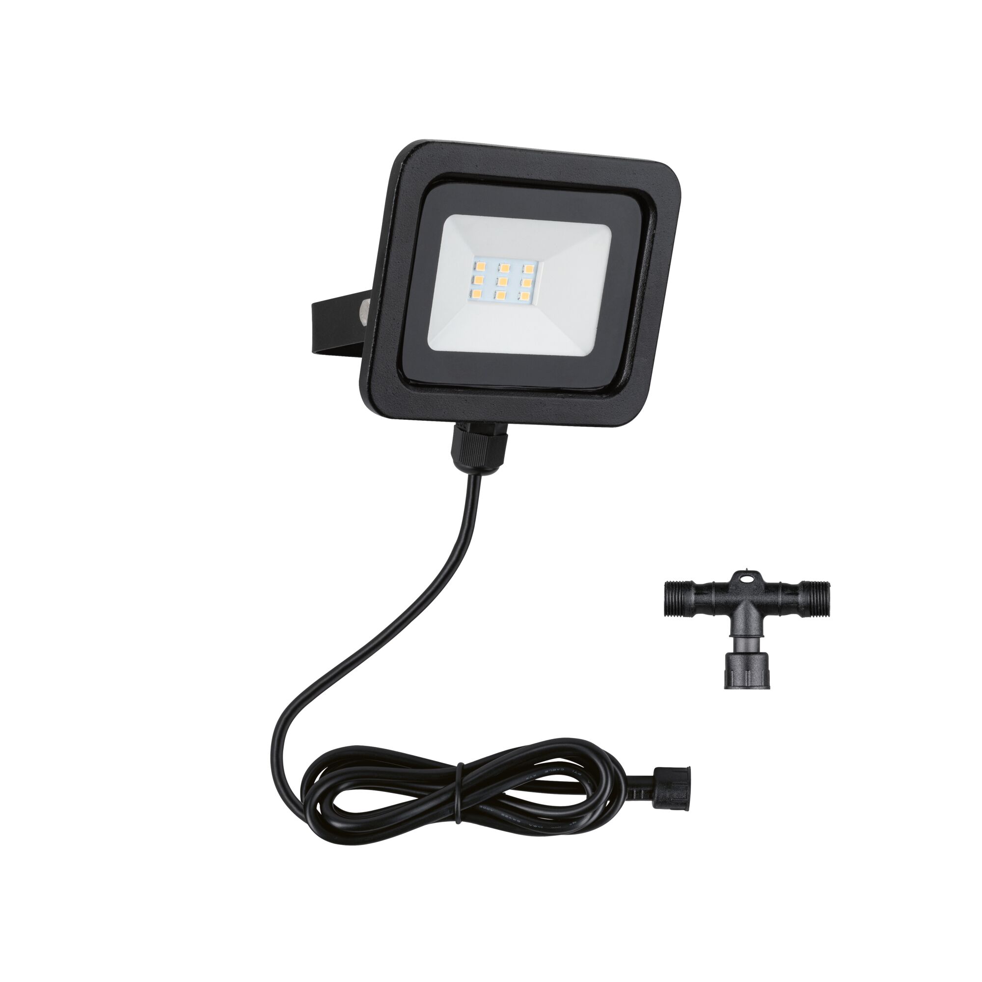 Schwarzer LED-Fluter mit Kabel und T-Stück aus Kunststoff für Außenbeleuchtung und Gartenlicht