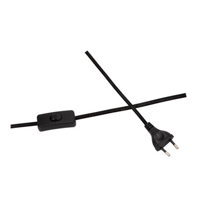 Schwarzes Textilkabel mit Ein-/Ausschalter und Euro-Stecker für elektrische Geräte und Lampen