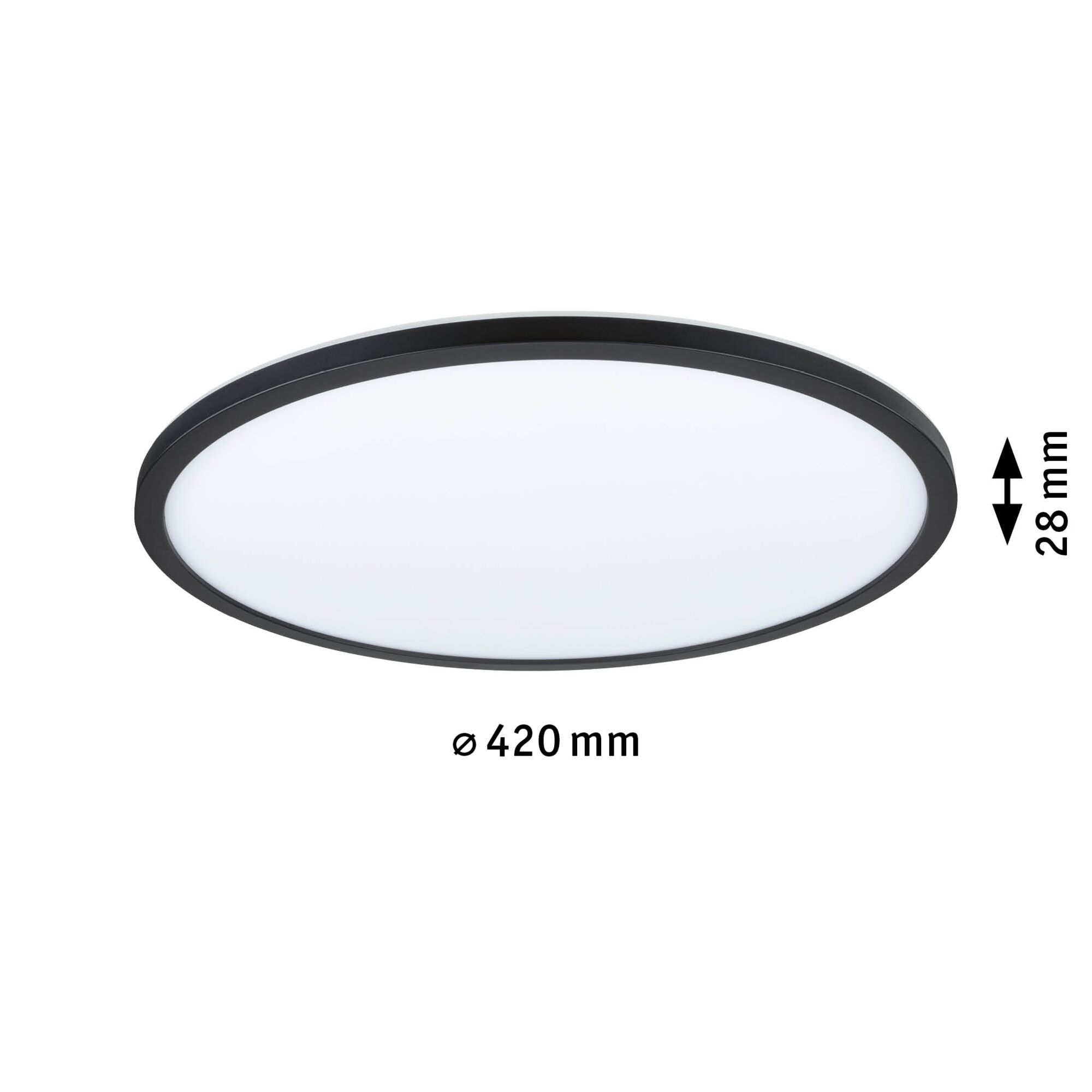 Runde LED-Deckenleuchte mit schwarzem Rahmen und weißem Diffusor, 420 mm Durchmesser, 28 mm Höhe