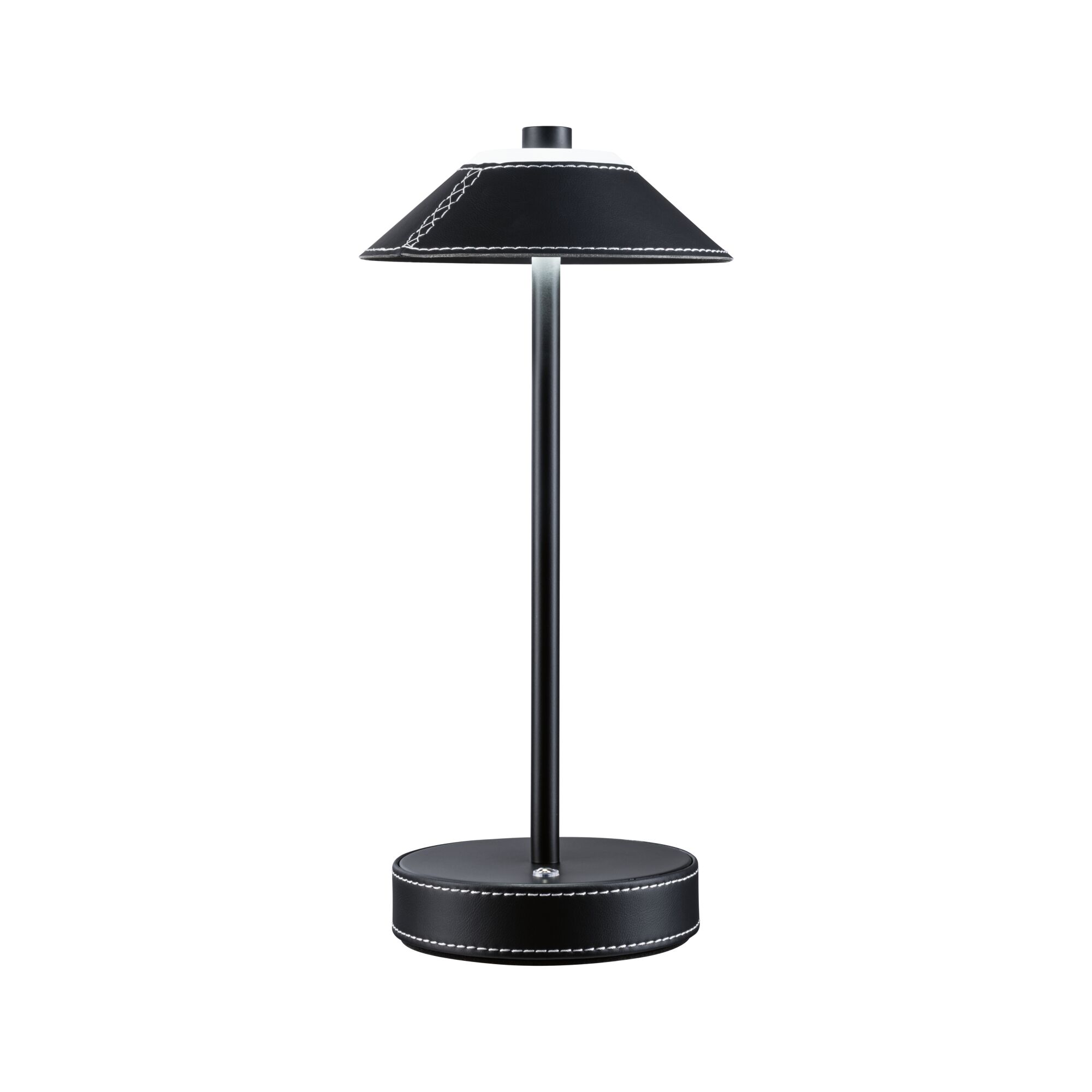 Black table lamp with leather cover and white stitching, modern LED light for living spaces