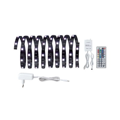 Black LED strip with remote, power adapter and controller for RGB colour changing lighting