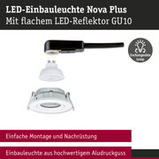 LED-Einbauleuchte Nova Plus aus weißem Aludruckguss mit flachem GU10 LED-Reflektor und schwarzem Kabel