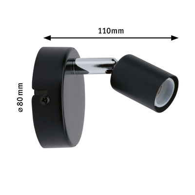 Zwarte metalen LED-wandlamp met verstelbare kop, afmetingen 110x80 mm, geschikt voor accentverlichting