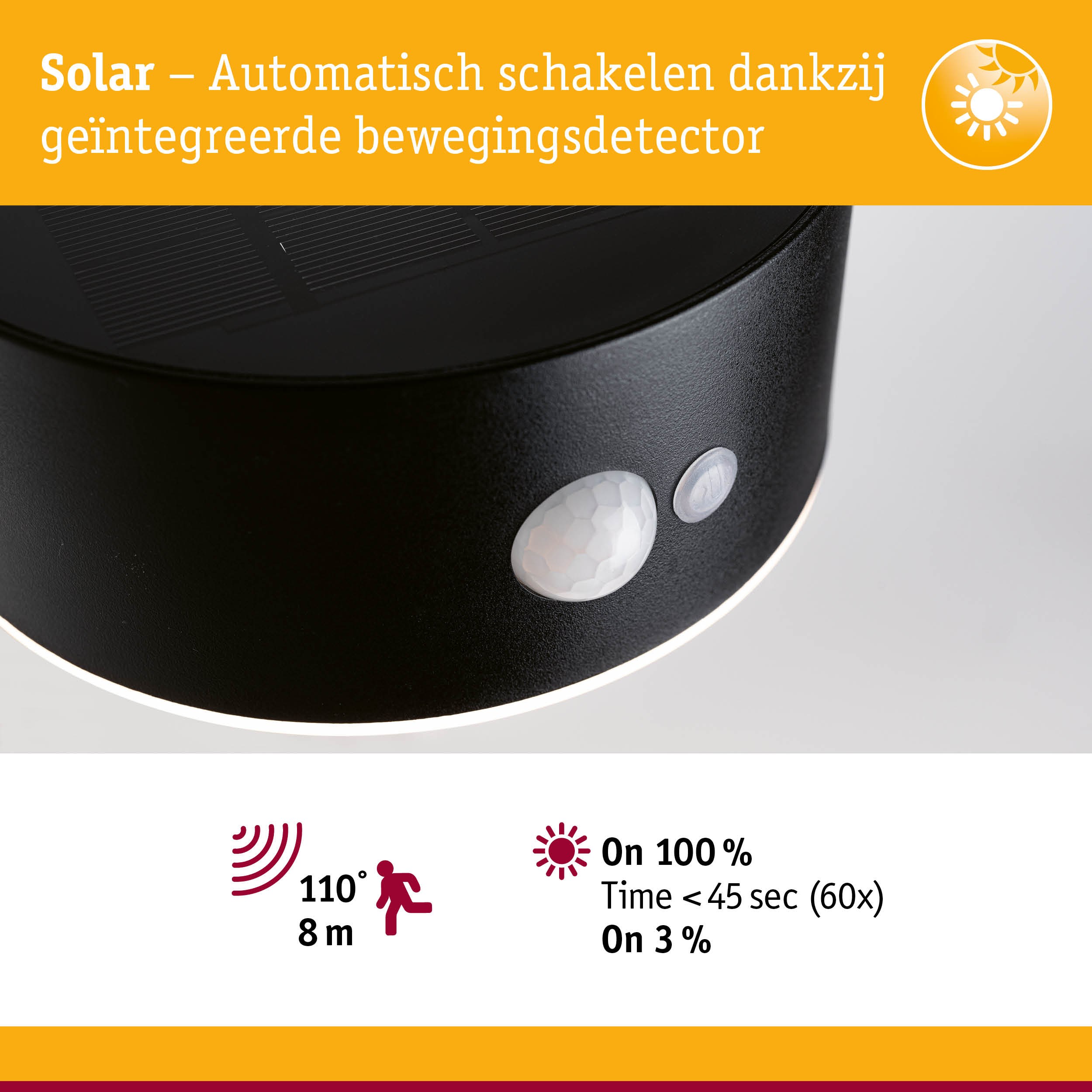 Zwarte solar lamp met geïntegreerde bewegingssensor en automatische schakelaar voor energiezuinige buitenverlichting
