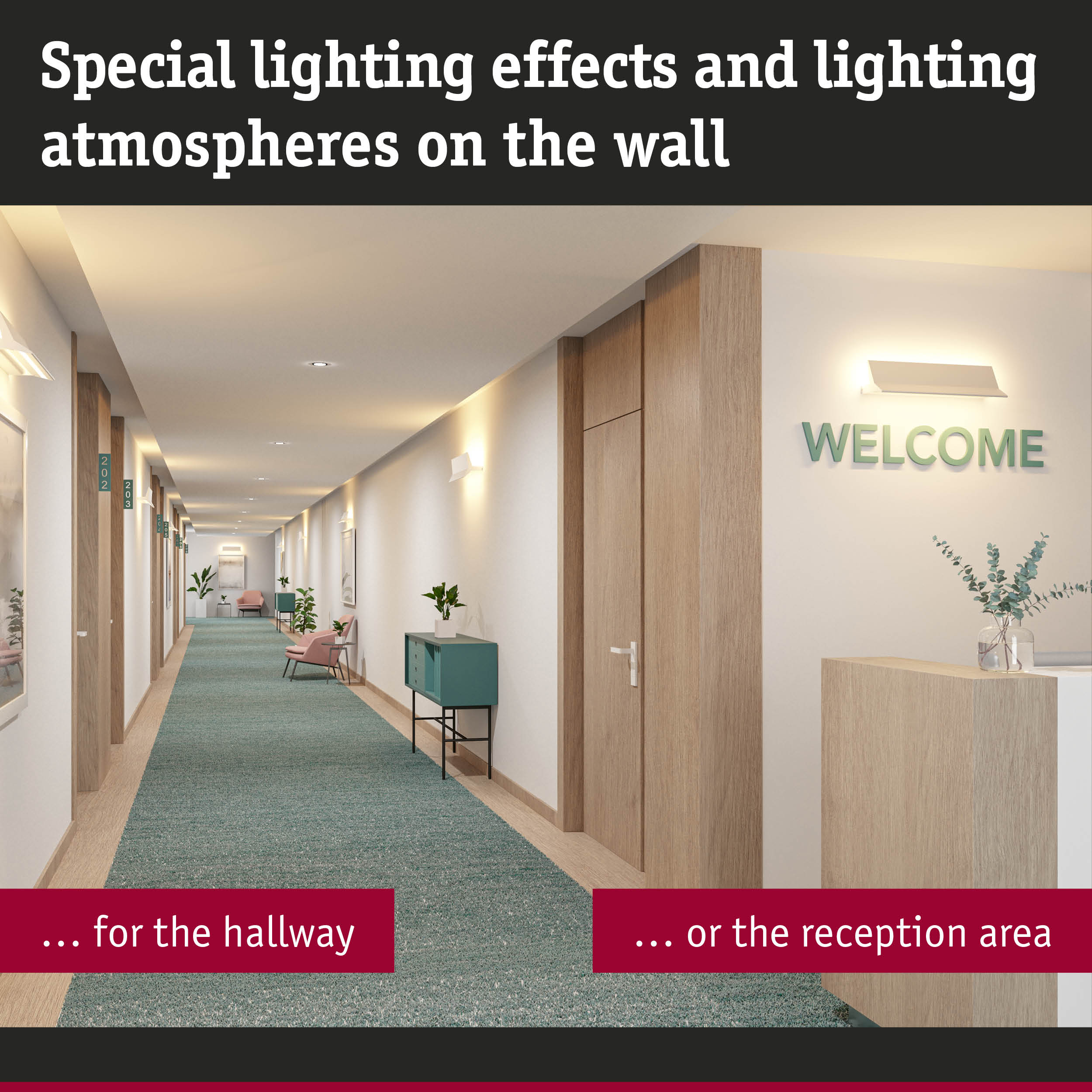 Modern hallway with white wall lights and wood accents for reception and corridor lighting effects