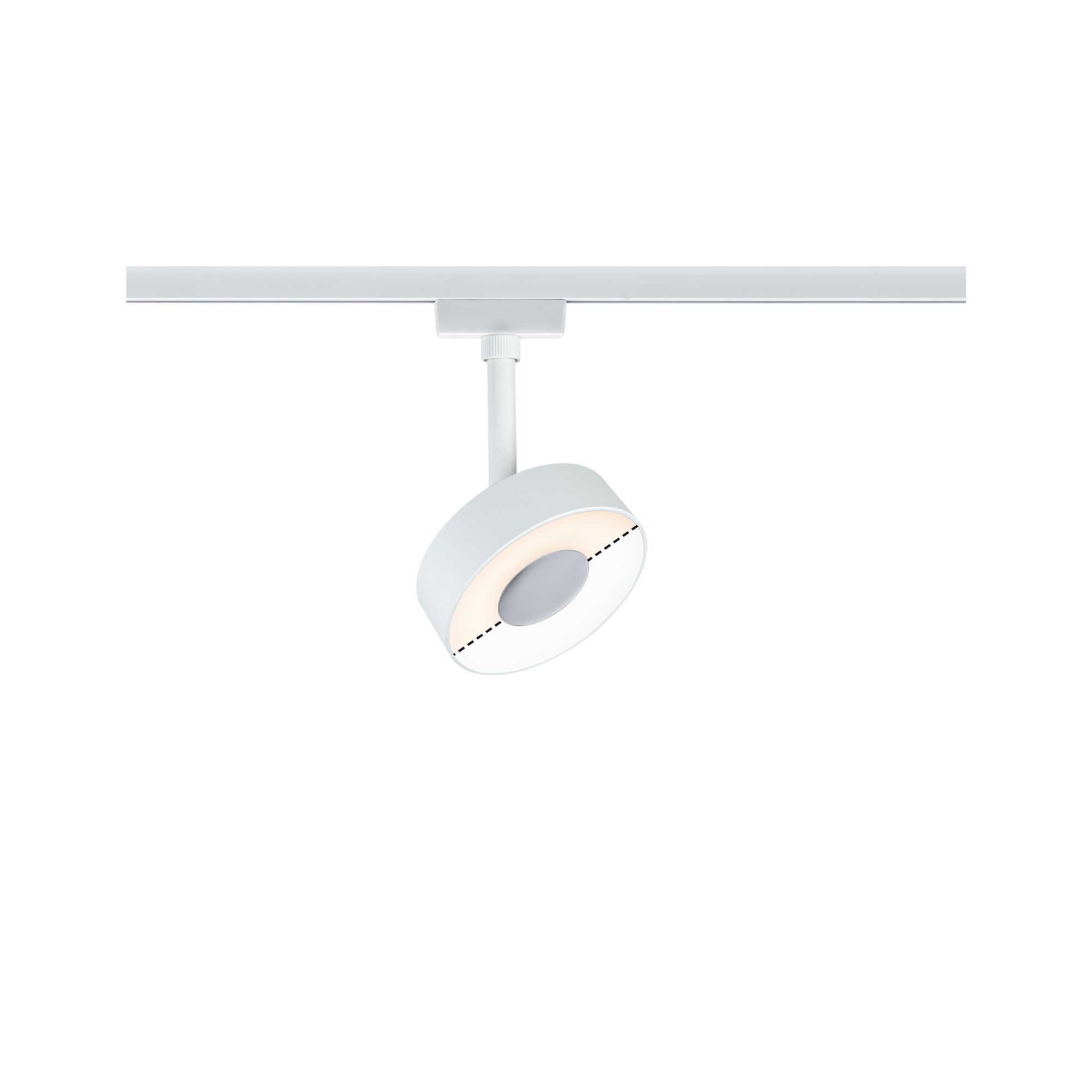 Moderner weißer LED-Spot aus Metall an Schienensystem für flexible Raumbeleuchtung
