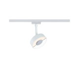 Moderner weißer LED-Spot aus Metall an Schienensystem für flexible Raumbeleuchtung