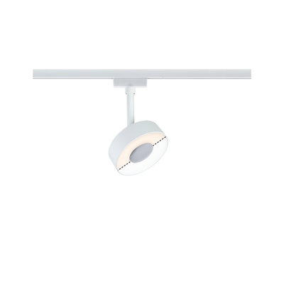 Moderner weißer LED-Spot aus Metall an Schienensystem für flexible Raumbeleuchtung