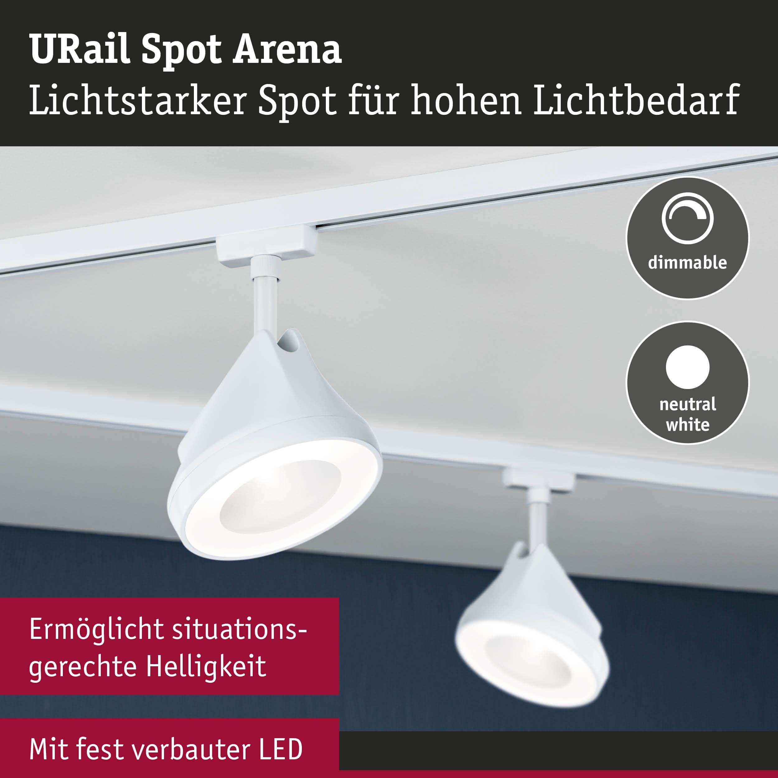 Weißer URail Spot Arena LED-Strahler an Schiene mit dimmbarer neutralweißer Beleuchtung