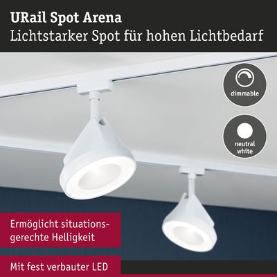 Weißer URail Spot Arena LED-Strahler an Schiene mit dimmbarer neutralweißer Beleuchtung