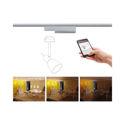 Zilveren LED-railspot met app-bediening en dimbare lichtstanden in een moderne eetkamer.