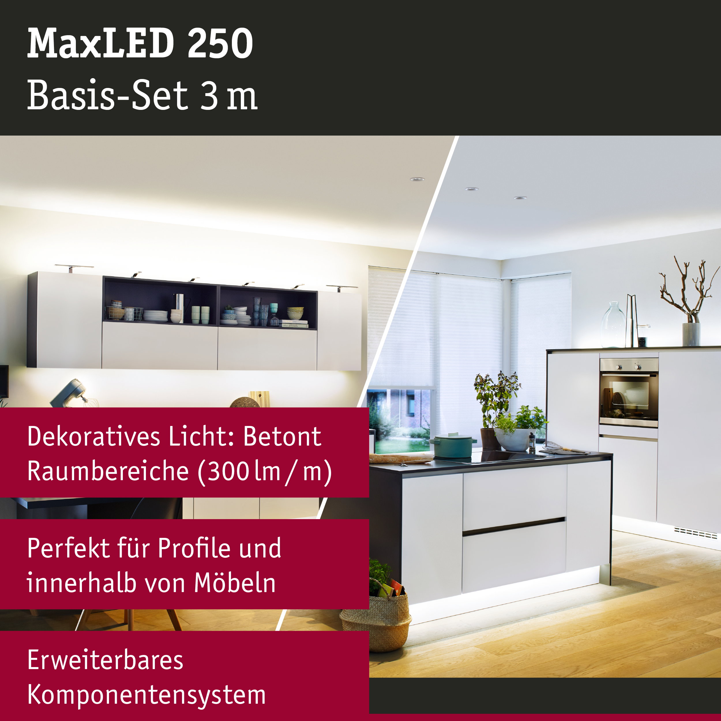 Moderne weiße Küche mit MaxLED 250 Basis-Set 3 m LED-Beleuchtung unter Schränken und Möbeln