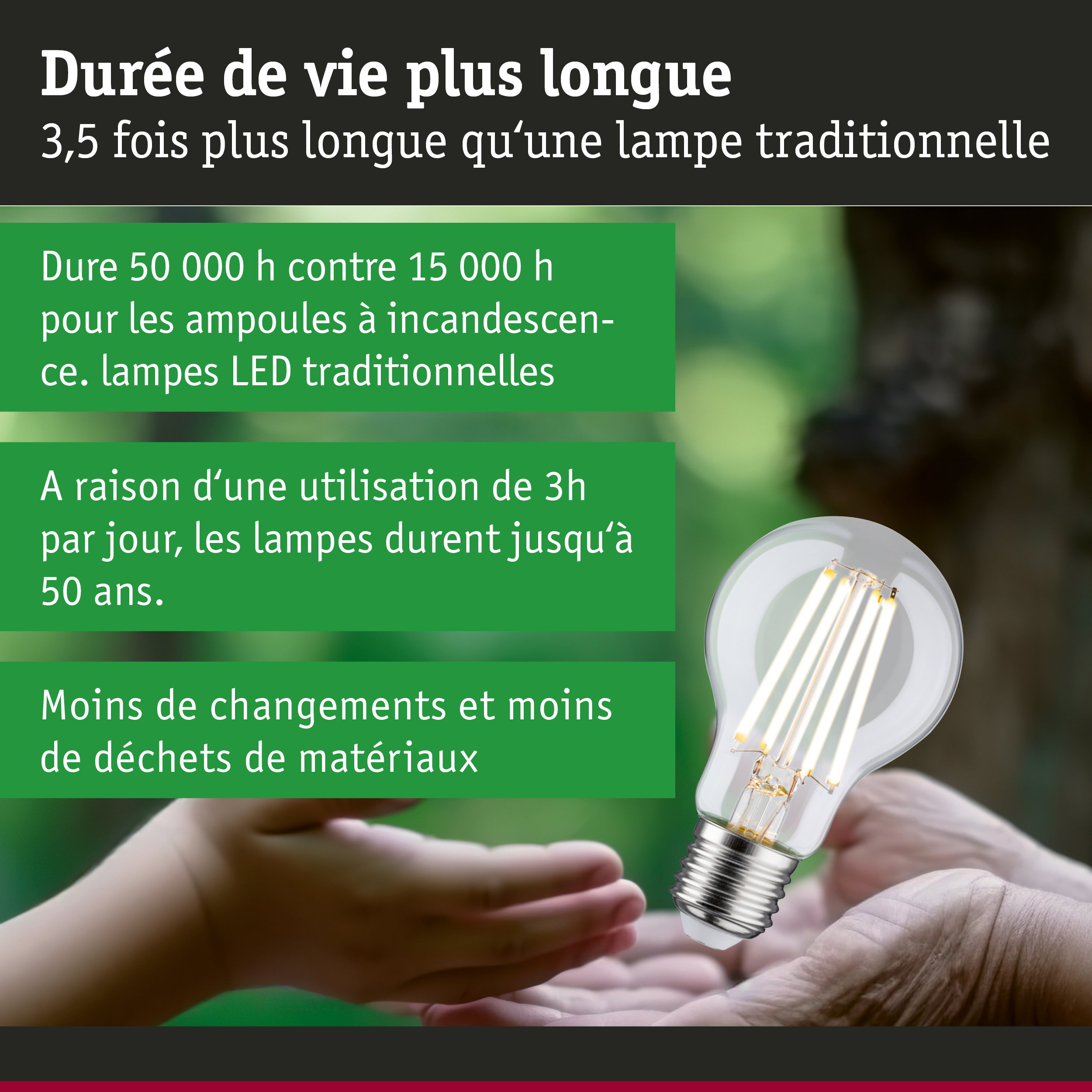 Ampoule LED à longue durée de vie et technologie économique tenue en main sur fond vert