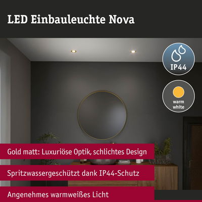 LED Einbauleuchte Nova in matt Gold mit IP44 Schutz und warmweißem Licht für moderne Wohnräume