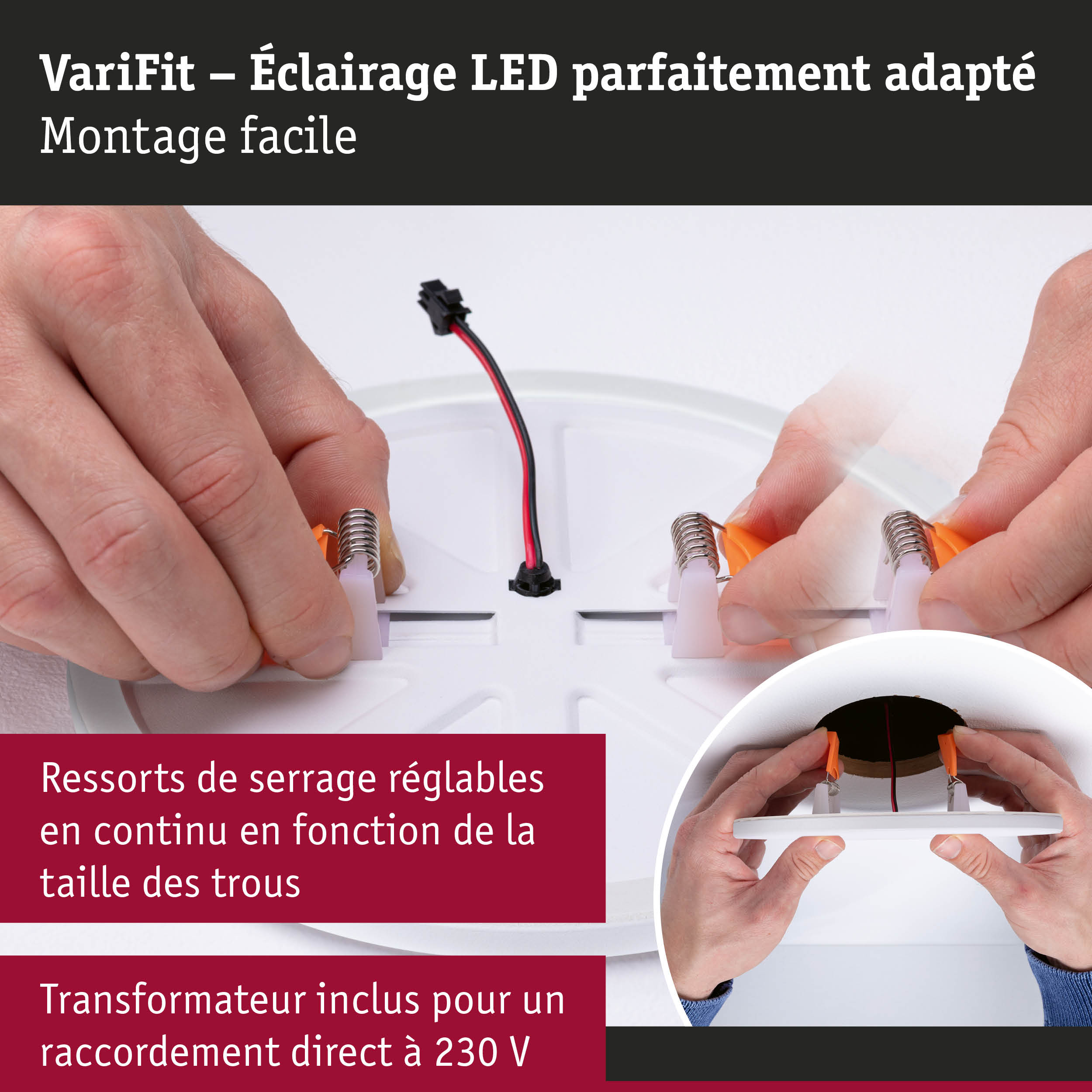 Spot LED encastrable VariFit blanc avec ressorts réglables et montage facile pour éclairage plafond