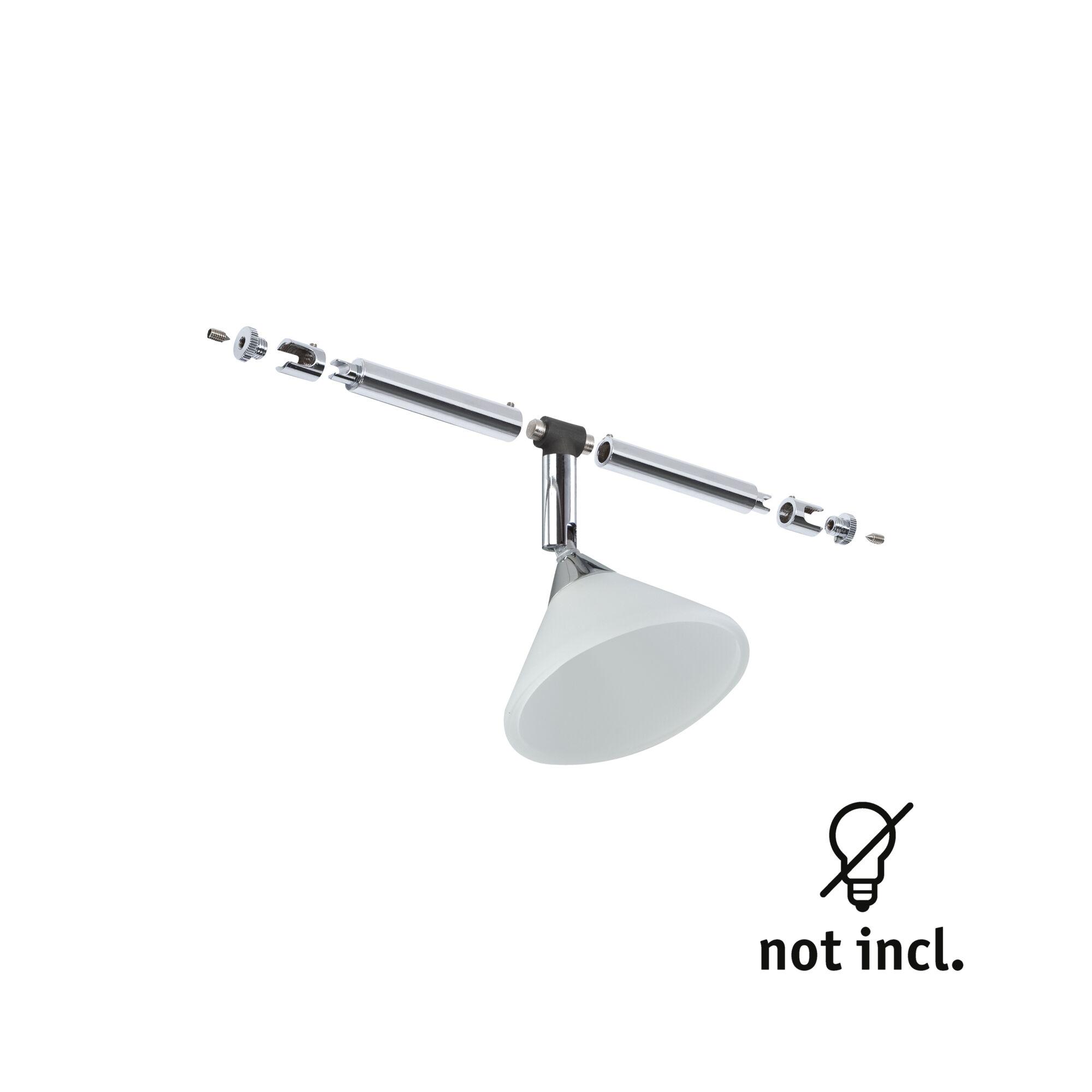 Chrome metal arm with white lampshade and disassembled connectors for LED lighting fixture