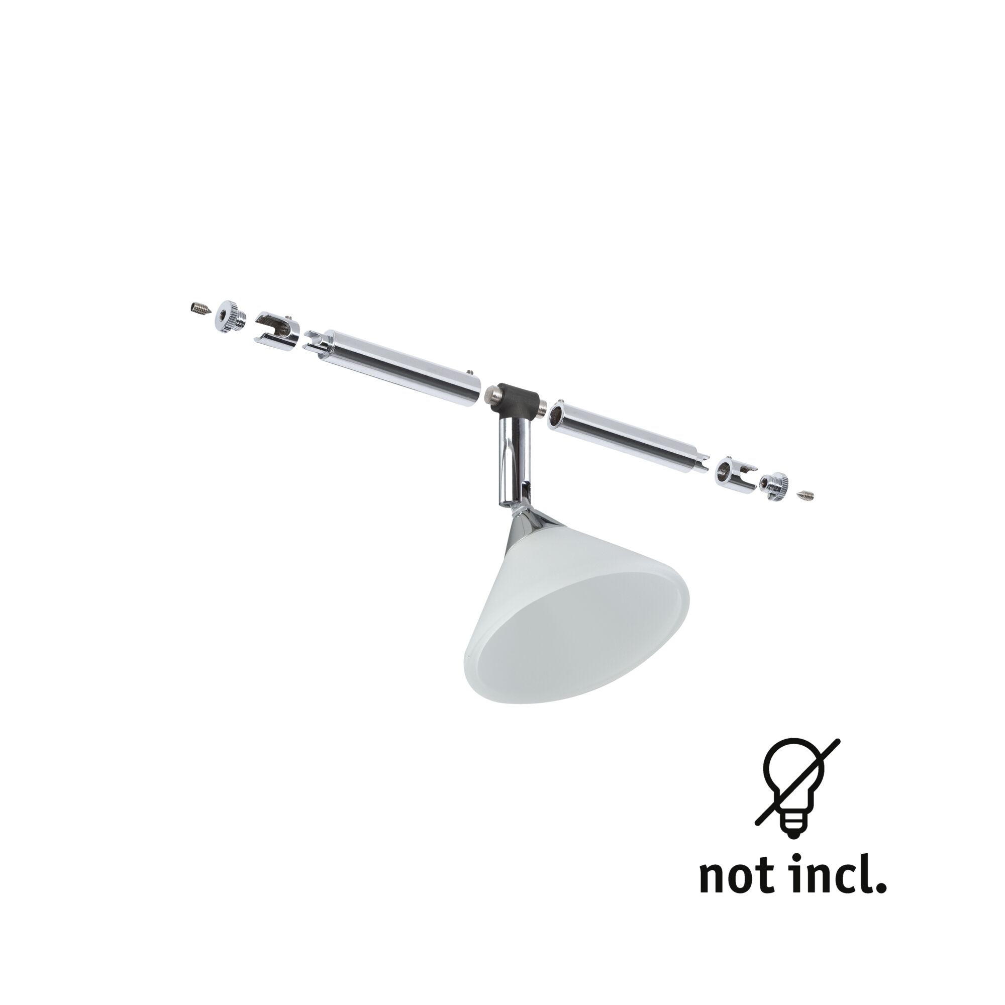 Chroom metalen arm met witte lampenkap en gedemonteerde verbindingsstukken voor LED-verlichting