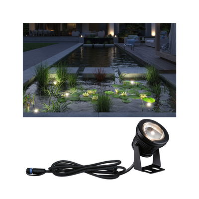 Black LED pond light with cable illuminating water plants and lilies in garden pond at night