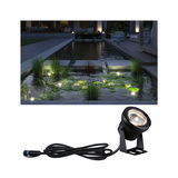 Black LED pond light with cable illuminating water plants and lilies in garden pond at night