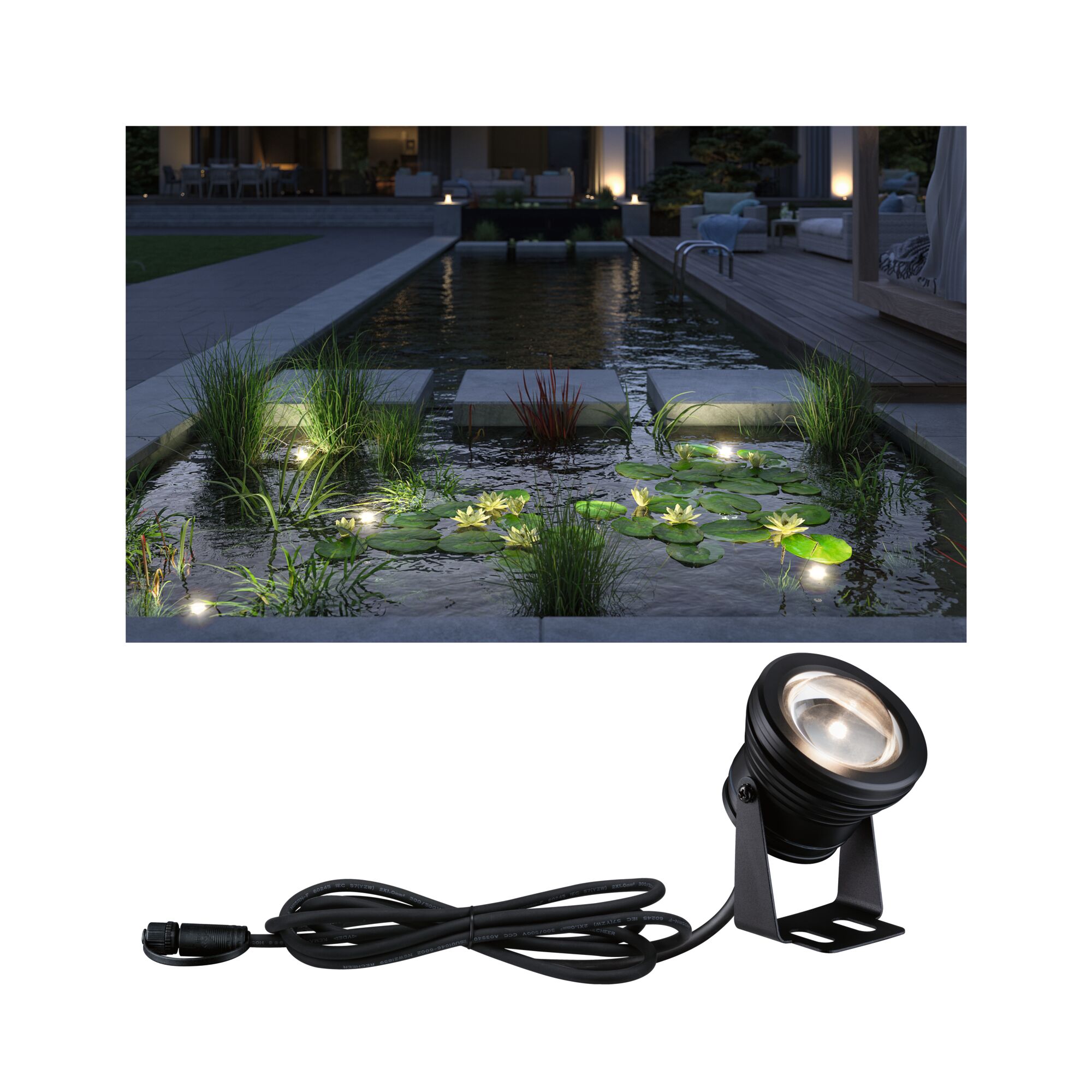 Plug & Shine LED Spot Teichleuchte Einzelspot IP68 3000K 5W Schwarz Schwarze LED-Teichleuchte mit Kabel, beleuchtet Wasserpflanzen und Seerosen in Gartenteich bei Nacht
