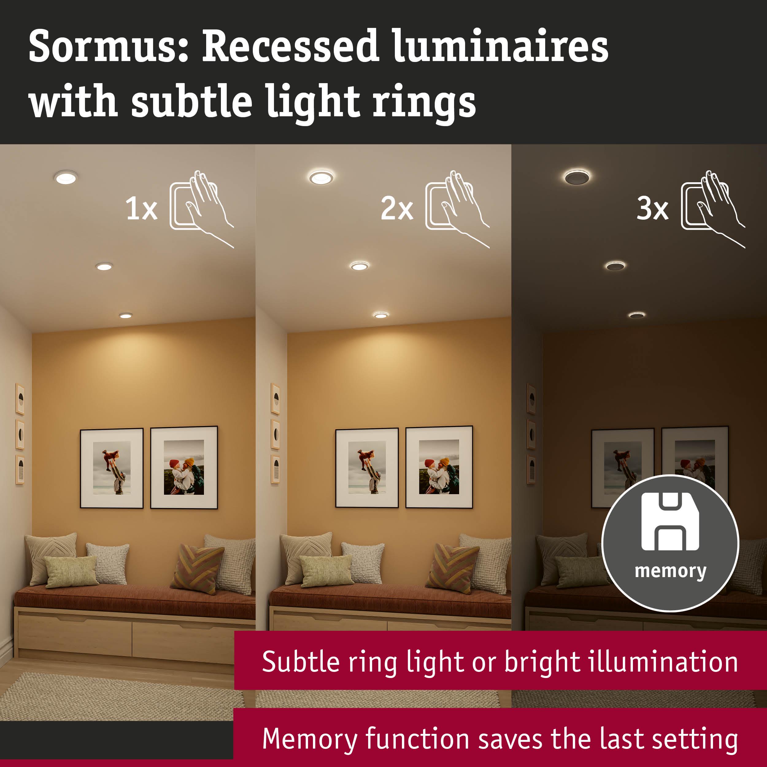 Sormus recessed luminaires with subtle light rings in cozy room showing memory function and dimming options