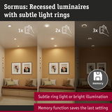 Sormus recessed luminaires with subtle light rings in cozy room showing memory function and dimming options