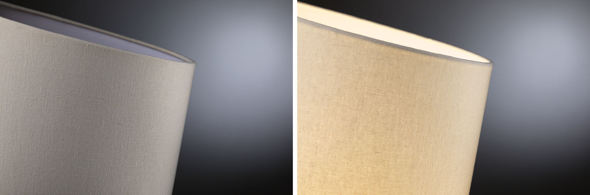 Beige fabric lampshade with fine texture, close-up lit and unlit, home lighting accessory