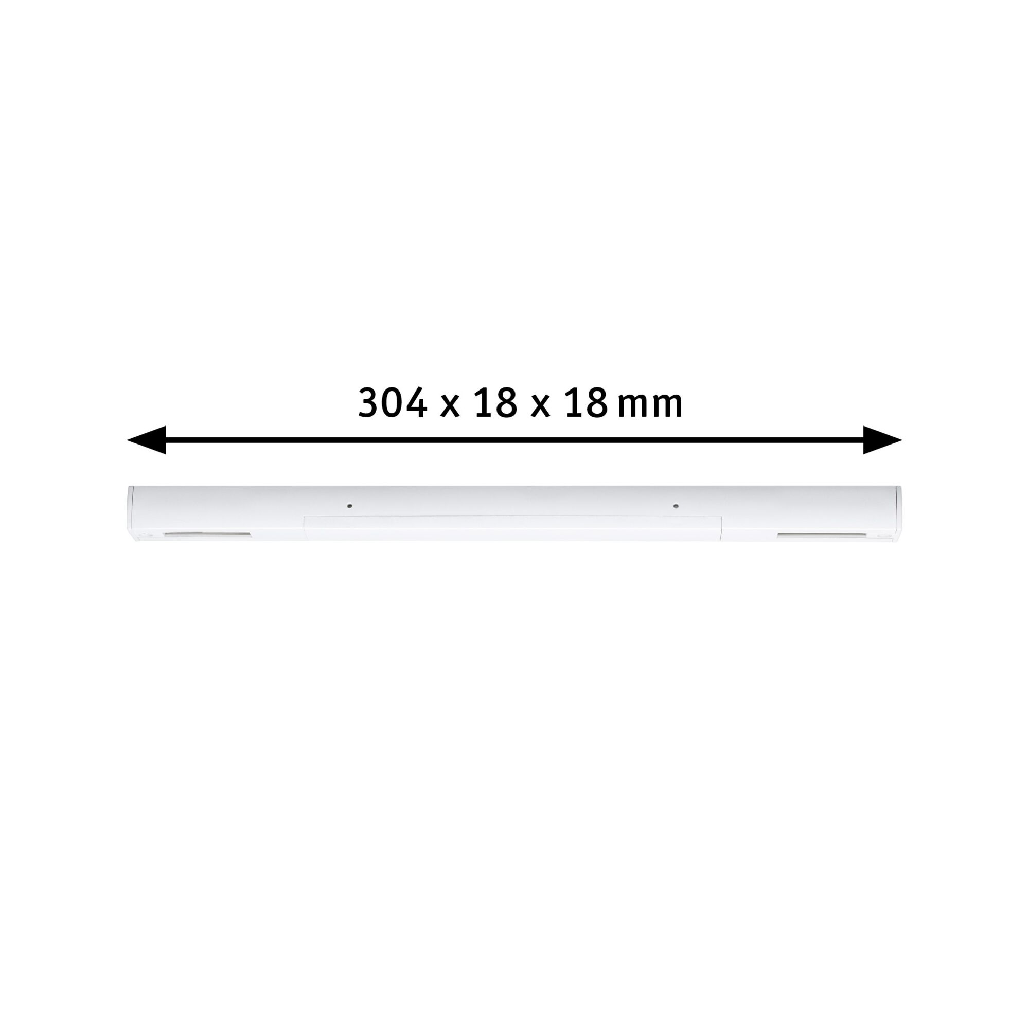White plastic LED strip measuring 304 x 18 x 18 mm for modern lighting applications