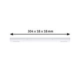 White plastic LED strip measuring 304 x 18 x 18 mm for modern lighting applications