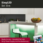 Modernes Küchentresen-Set mit grün beleuchtetem LED-Streifen und Fernbedienung für Lichtsteuerung