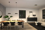 Modern dining room with black metal pendant and ceiling lights, wooden table and glassware